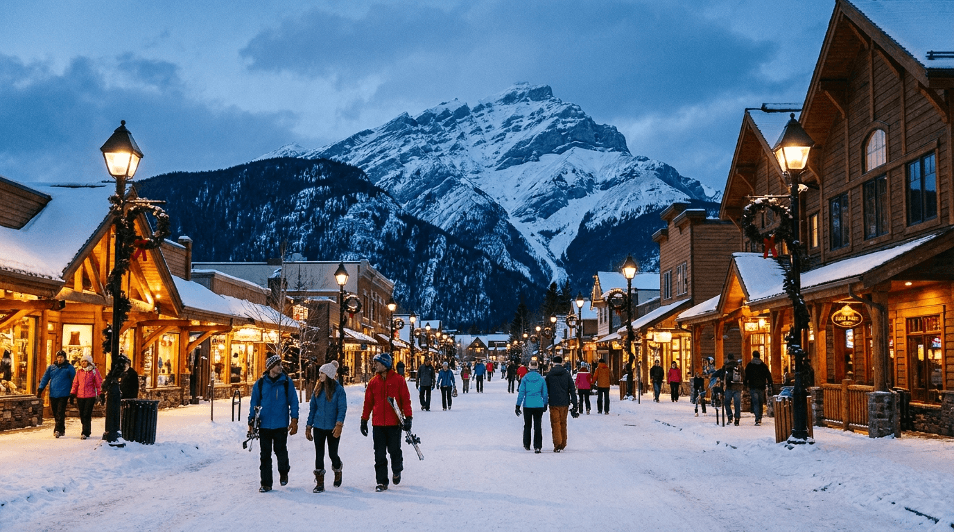 A winter mountain town street after skiing